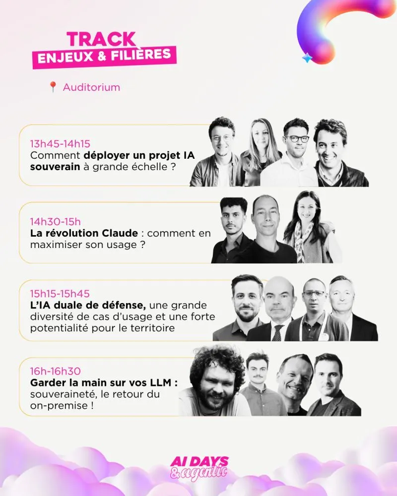 Programme of the AI DAYS « Enjeux & Filières » track, listing the day's round tables with their times and speakers.