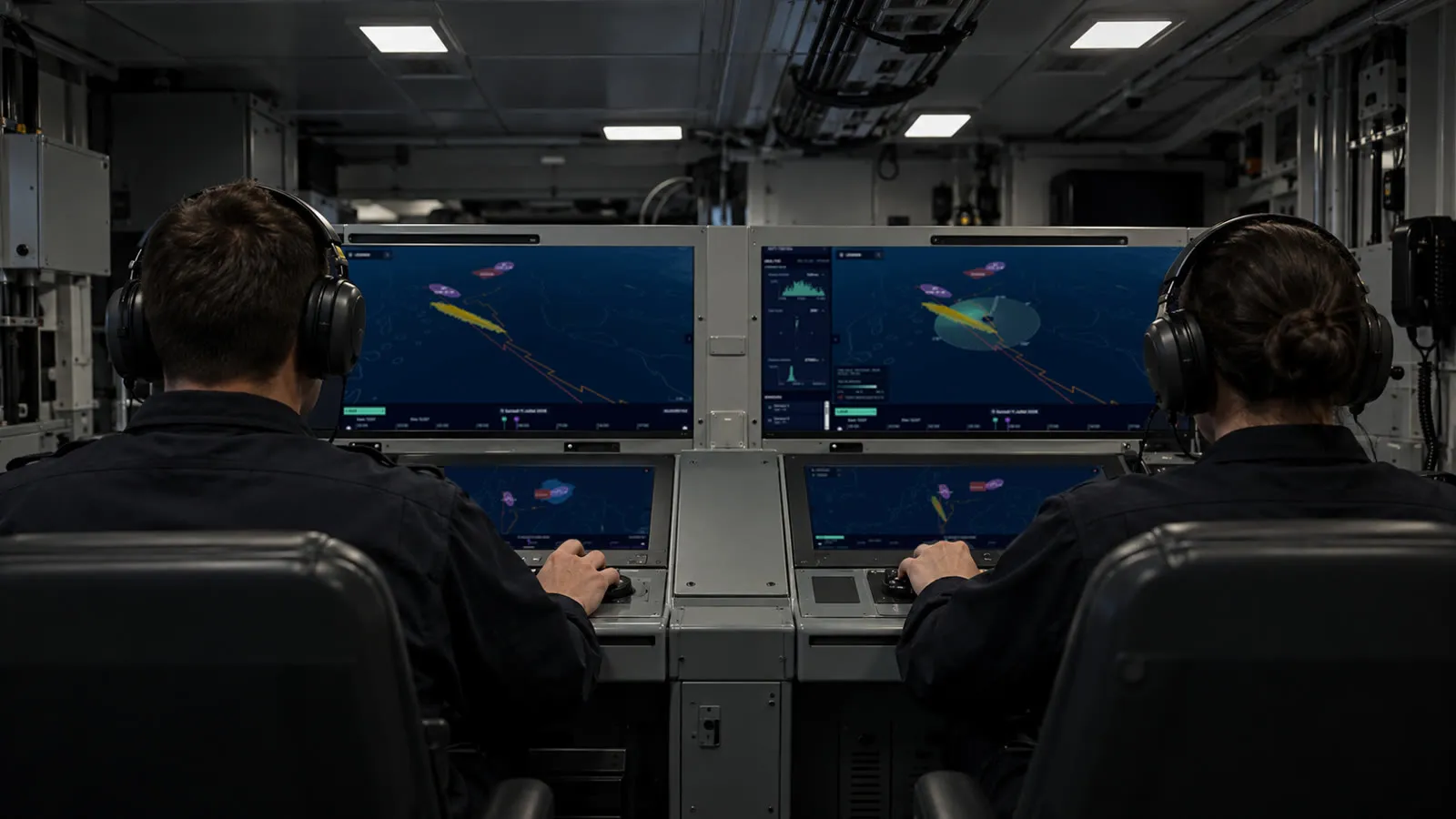 Two operators in dark work clothes and closed headsets, seen from behind, sit at a sonar console in a dimly lit ship compartment, each facing a pair of screens showing a map interface.