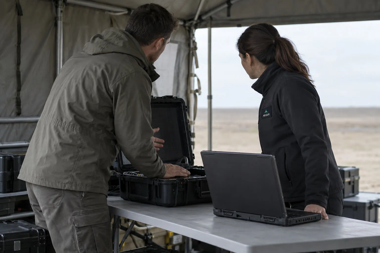 In a field shelter open onto flat bare ground, an operator in an olive jacket leans over an open equipment case while an engineer in a dark softshell jacket with a company patch stands beside a rugged laptop; both look toward the open ground.