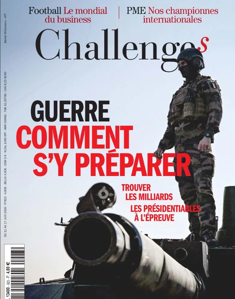Cover of the Challenges special issue « Guerre, comment s'y préparer », showing a soldier standing next to a tank.