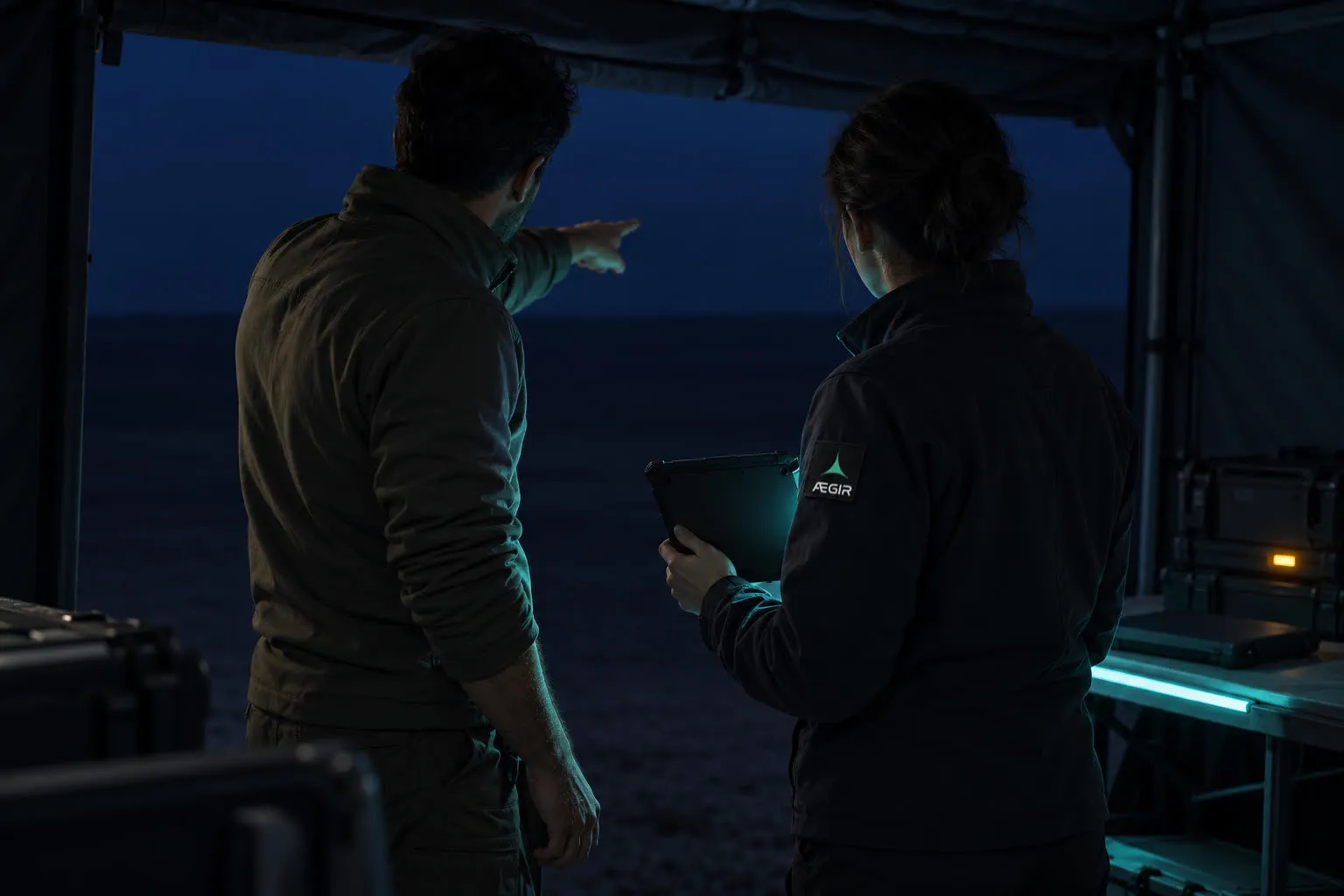 At night, at the opening of a field shelter, an operator points out into the darkness while an engineer wearing the AEGIR logo holds out a tablet beside them.