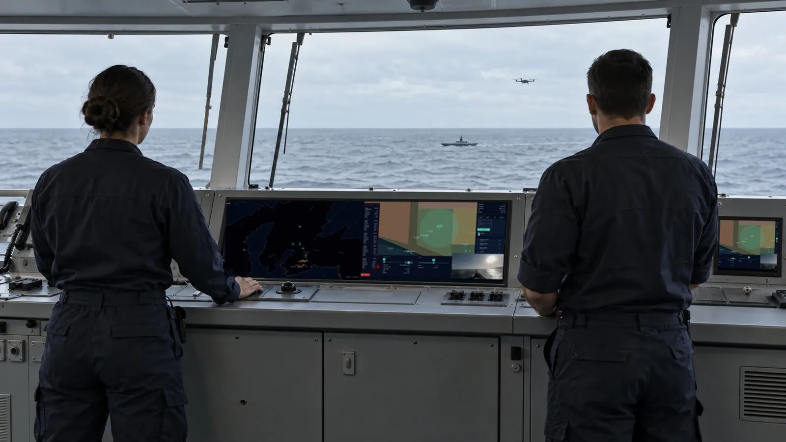 A ship's bridge by day: two crew members in plain dark working clothes, seen from behind, face a wide display at a console; through the windows, a small uncrewed surface craft rides on a grey sea and a drone flies above.