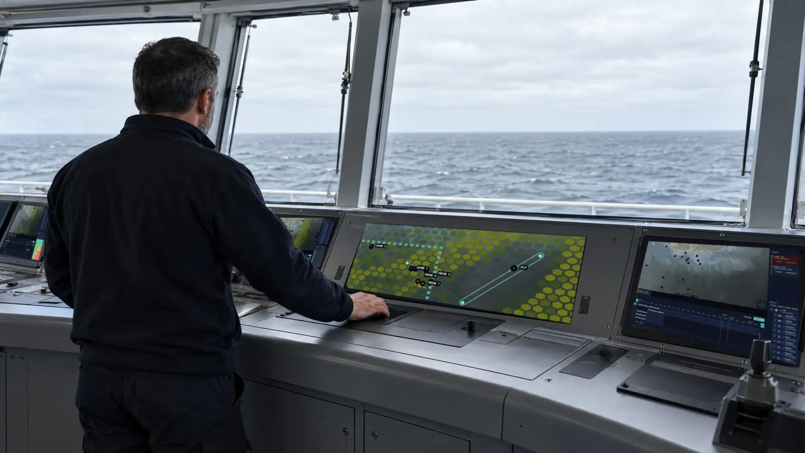 On a ship's bridge by day, a crew member in a dark fleece, seen from behind, stands at an integrated console and rests a hand on its touch panel; several flat displays show a tactical map, with open grey sea beyond the windows.