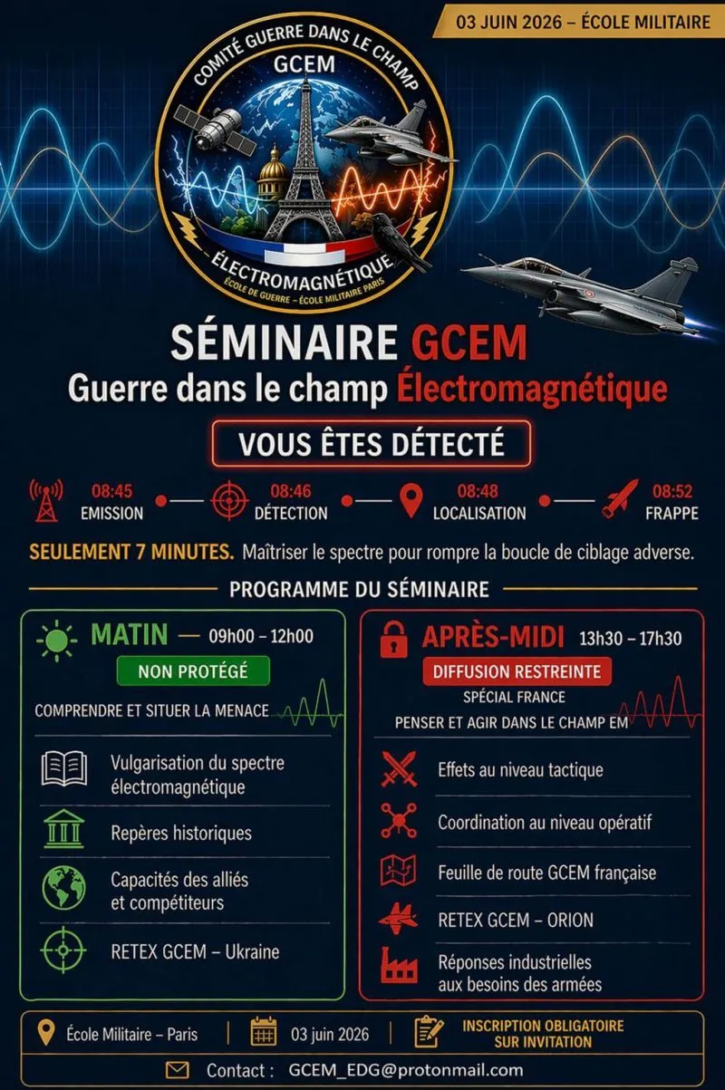 Poster of the GCEM seminar of the École de guerre, 3 June 2026, École militaire, Paris, with the morning and afternoon programme.