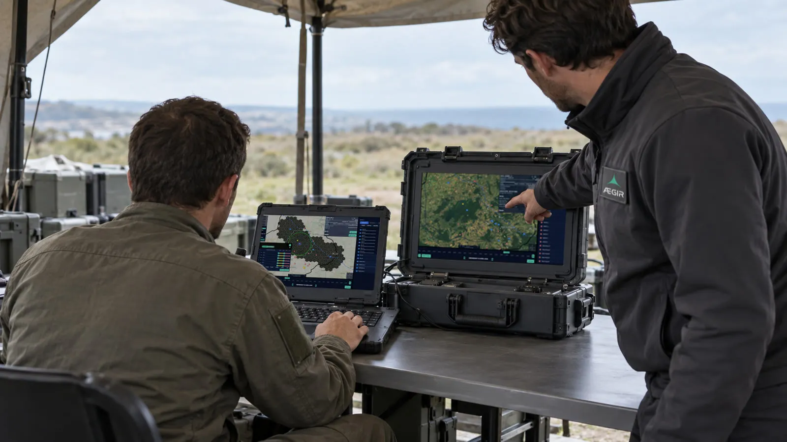 In a field command post by day: a military analyst, seen from behind, works at a rugged laptop while an AEGIR engineer points at a second display in an open transit case; scrubland and hills beyond.