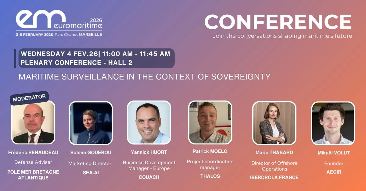EUROMARITIME 2026 « Conference » visual announcing the plenary session on maritime surveillance, with the portraits of the moderator and the five speakers.