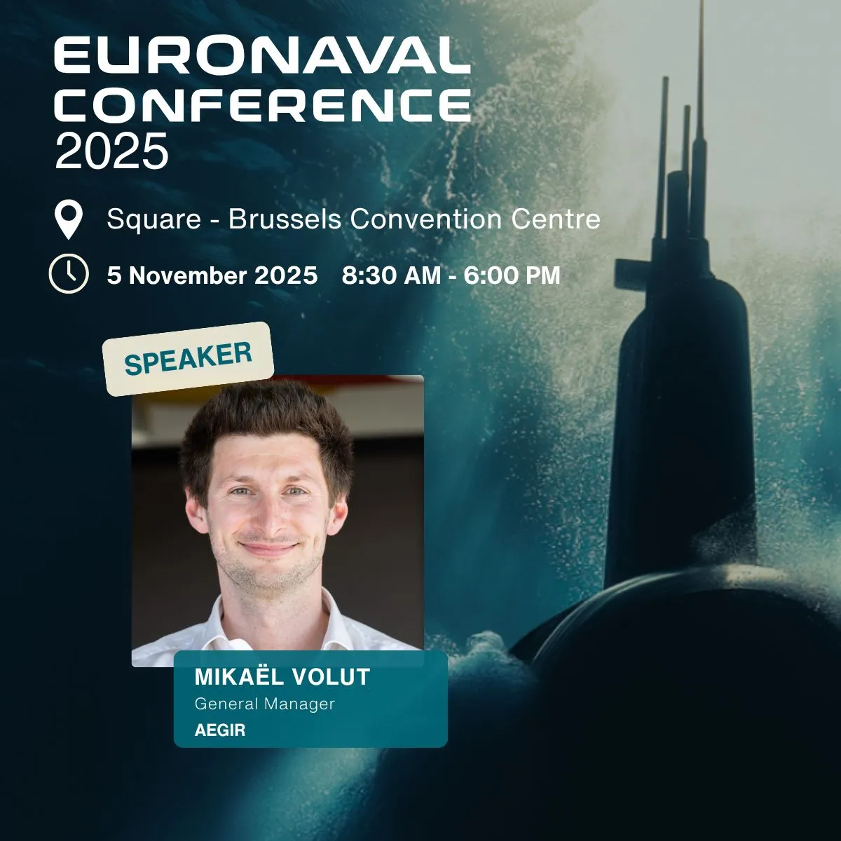 EURONAVAL Conference 2025 visual: Square – Brussels Convention Centre, 5 November 2025, with a portrait of the speaker Mikaël Volut.
