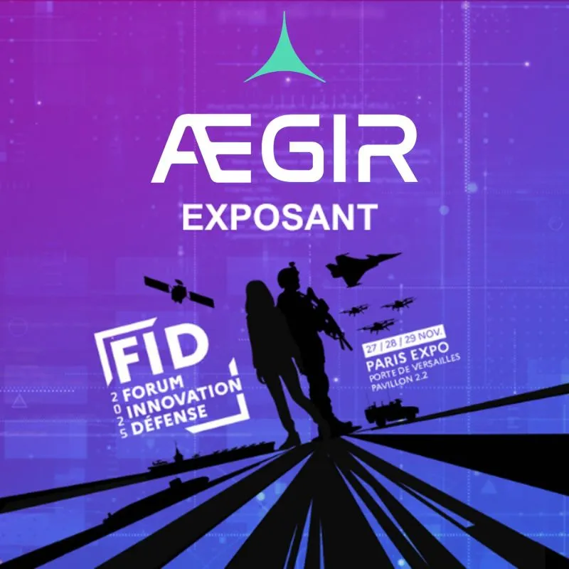 AEGIR « Exposant » visual for the Forum Innovation Défense 2025, with the AEGIR logo above the forum's emblem.