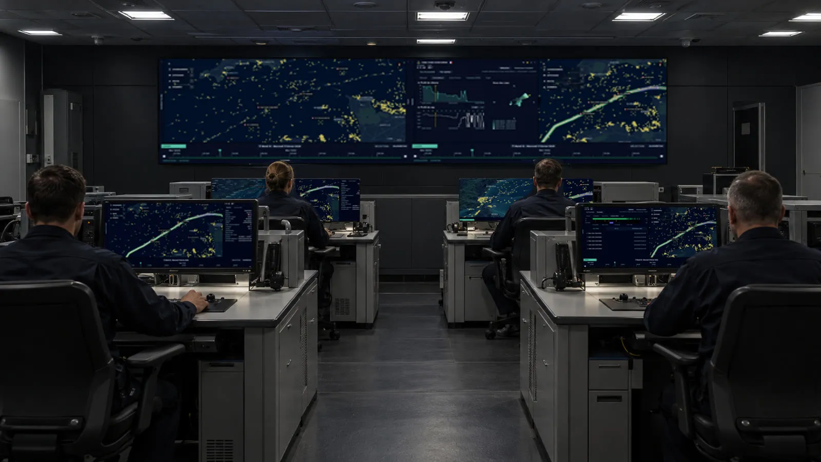 A maritime operations centre at night: four operators in plain dark uniforms, seen from behind, sit at grey consoles facing a large wall display and individual monitors showing map and track-analysis interfaces.