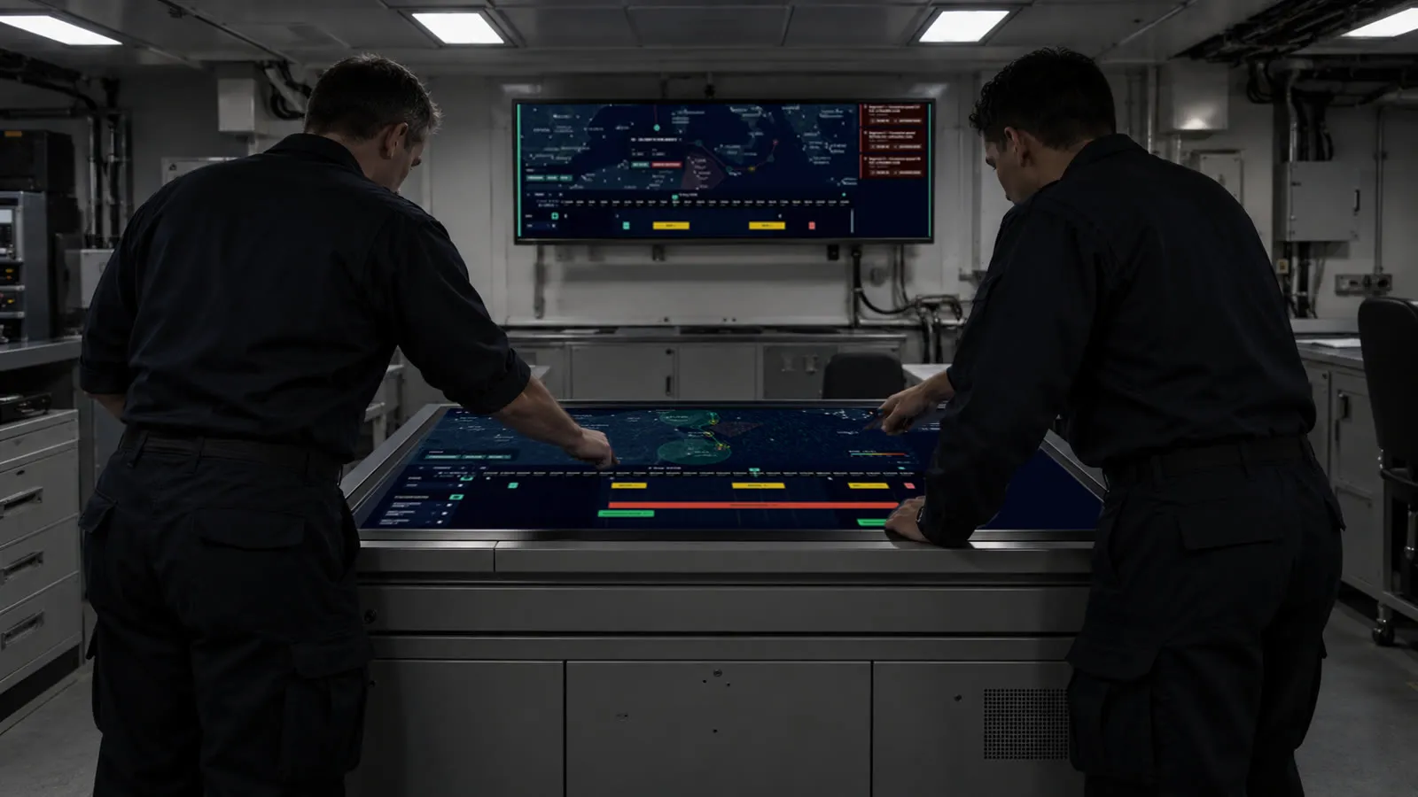 Two officers in dark work uniforms, seen from behind, lean over a large horizontal touch table in a dimly lit grey shipboard compartment; one touches the table, the other points at it, with a wide wall-mounted display above it.