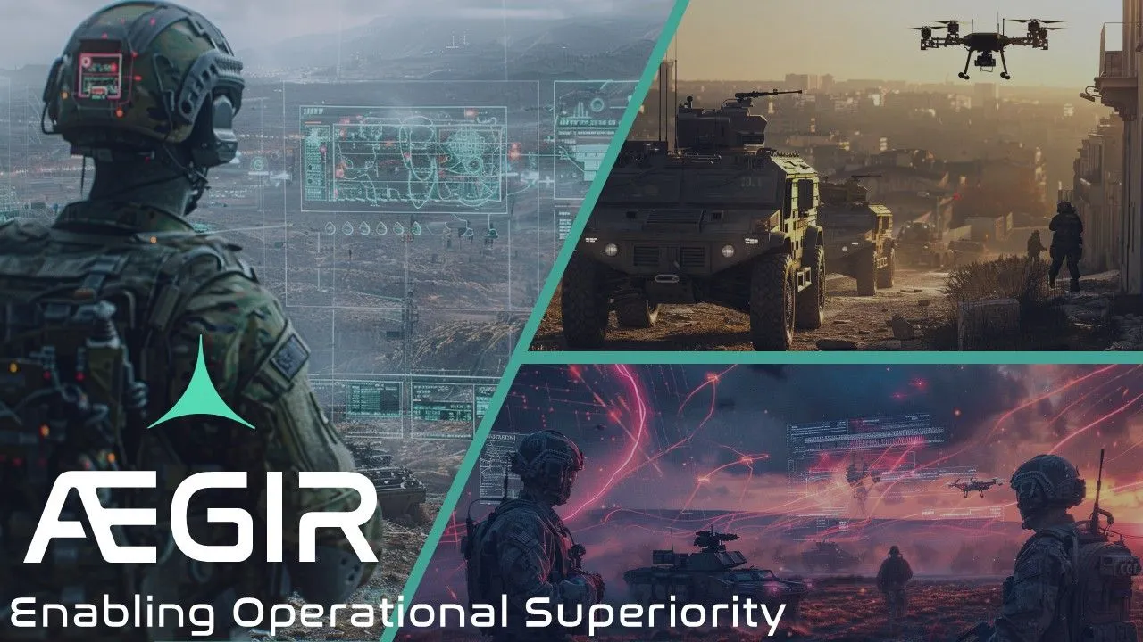AEGIR visual « Enabling Operational Superiority »: the AEGIR logo over a collage of naval, land and air scenes.