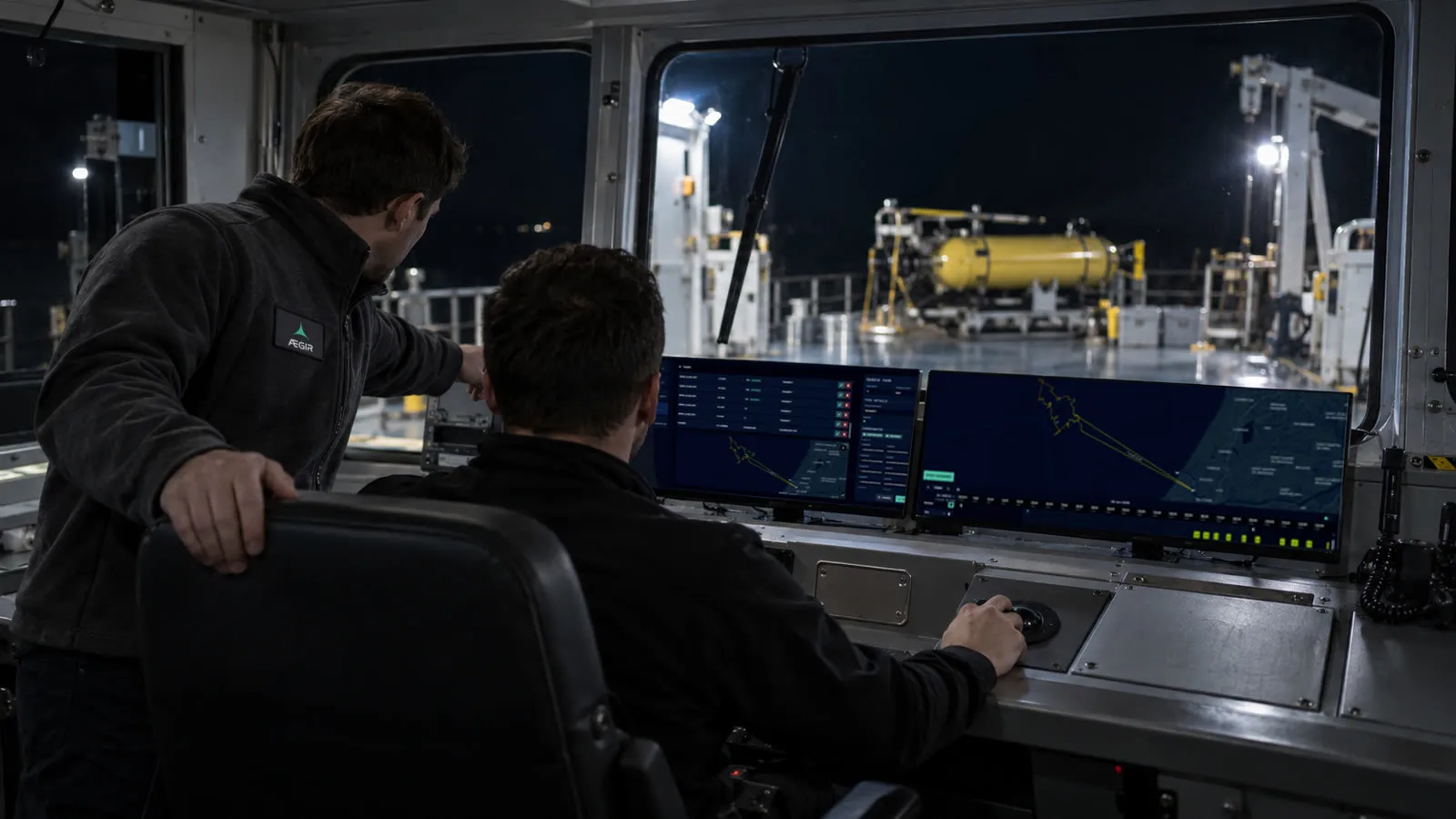 Night inside the control cabin of a survey vessel: the mission commander, seen from behind, works at two monitors showing a map and task views while an AEGIR engineer in a dark fleece points at the left screen; through the window, a yellow underwater vehicle sits on the lit aft deck.