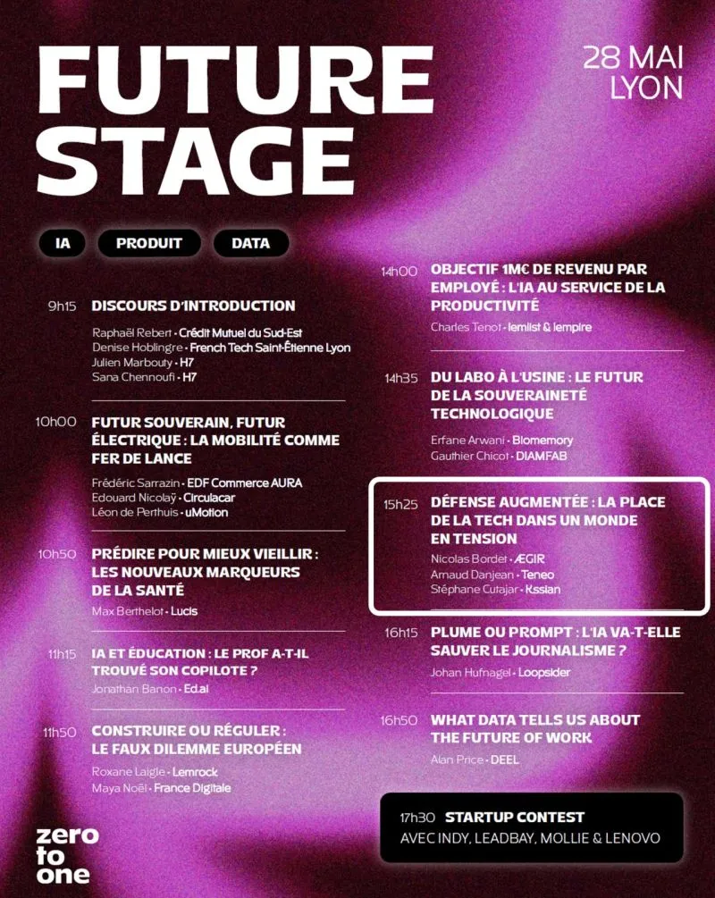 Programme of the Zero to One « Future Stage », Lyon, 28 May, with the session « Défense augmentée » highlighted.